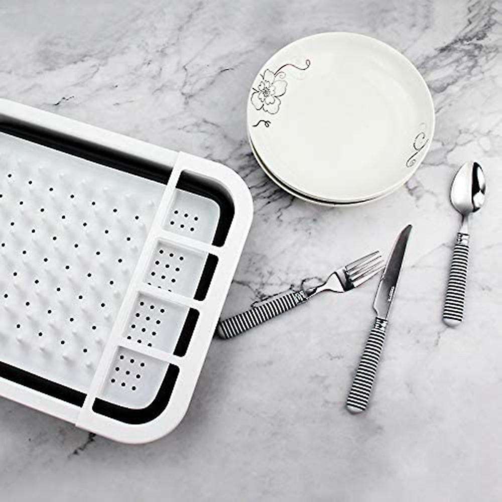 Kitchen Folding Drain Dish Rack Tableware Storage Box Black + White