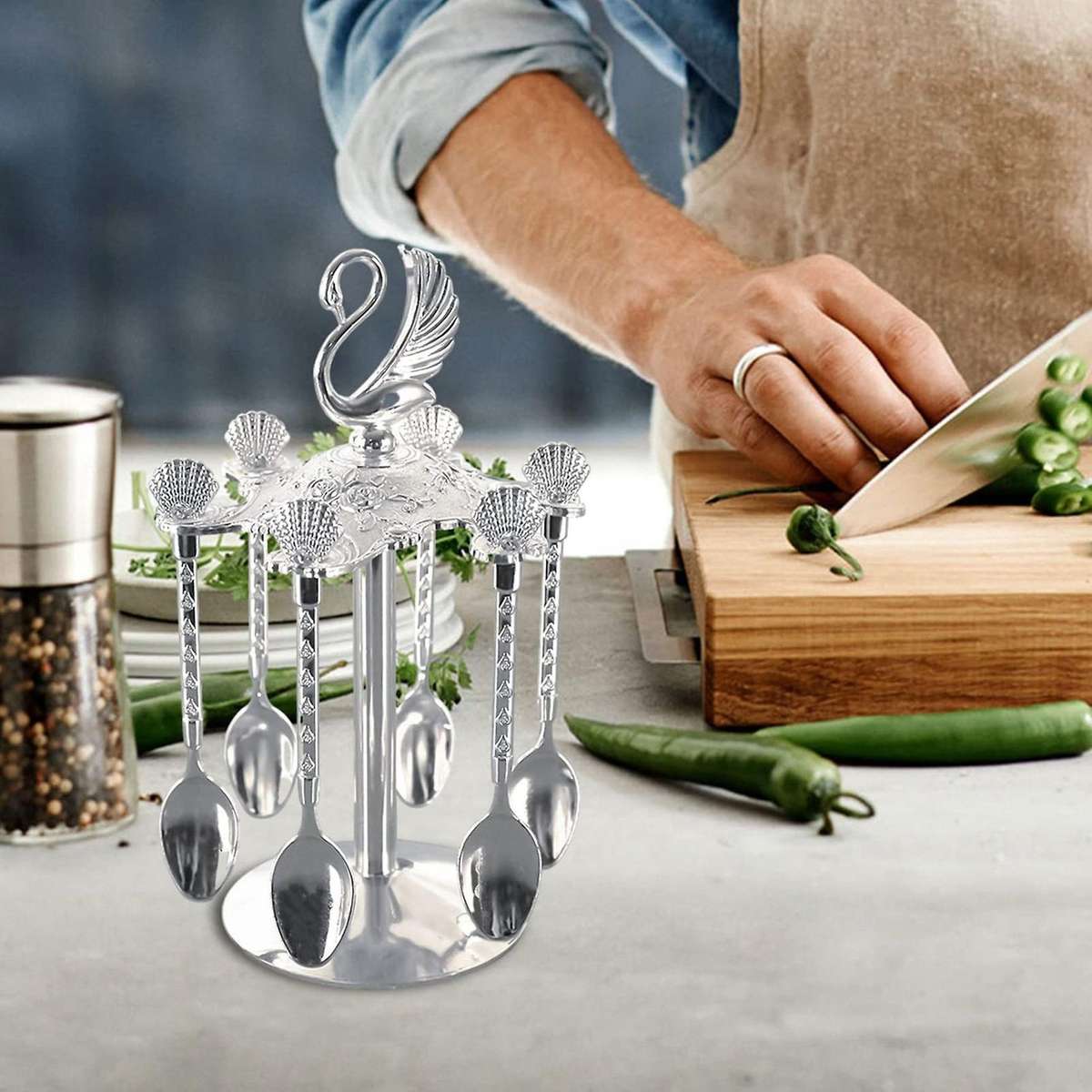 Decorative Swan Base Holder with 6 Spoons for Fruit Ice Cream Cake B