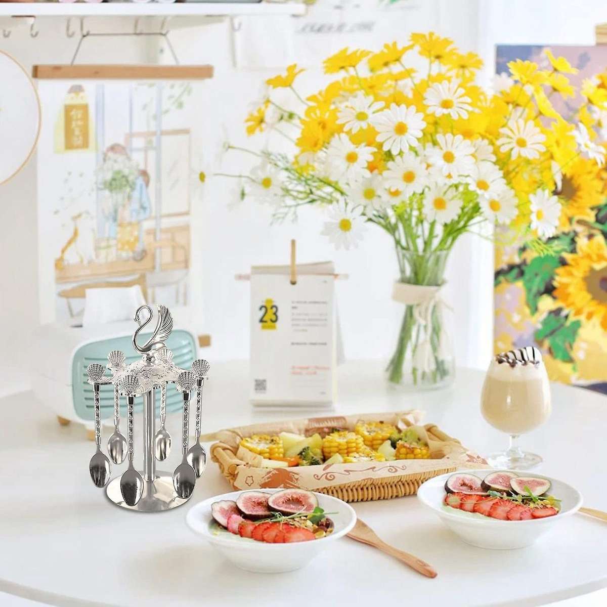 Decorative Swan Base Holder with 6 Spoons for Fruit Ice Cream Cake B