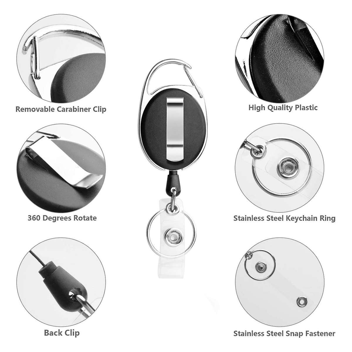 10 Pack Retractable Badge Reel for Id Card Key Keychain Holder Black