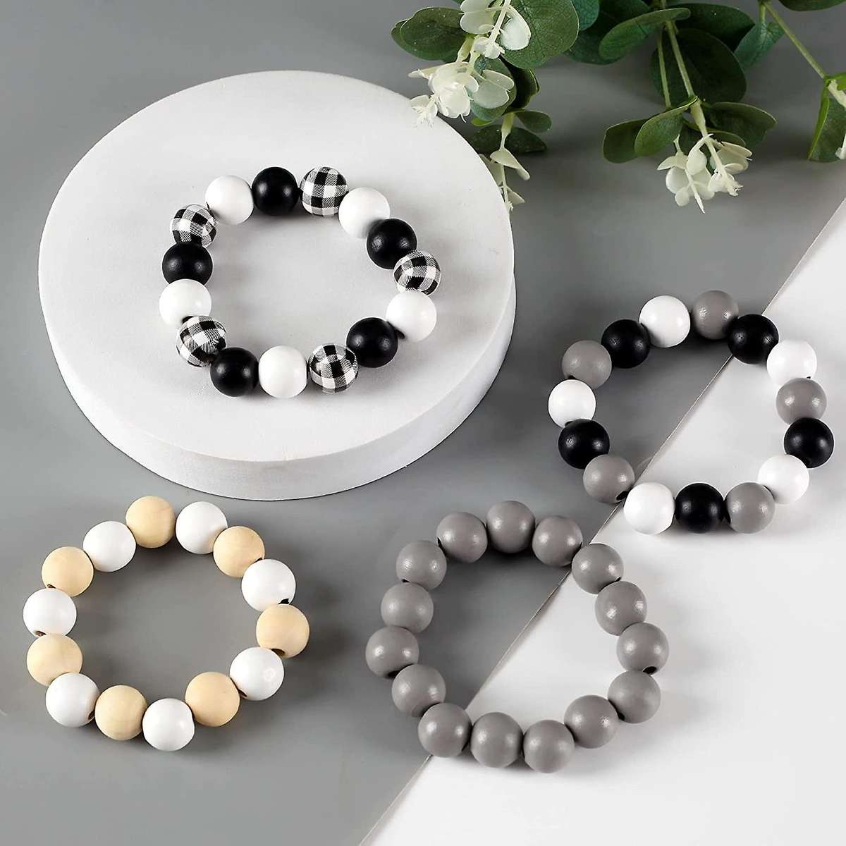 200 Pcs Wooden Beads with Hemp Rope for Fall Black Gray White