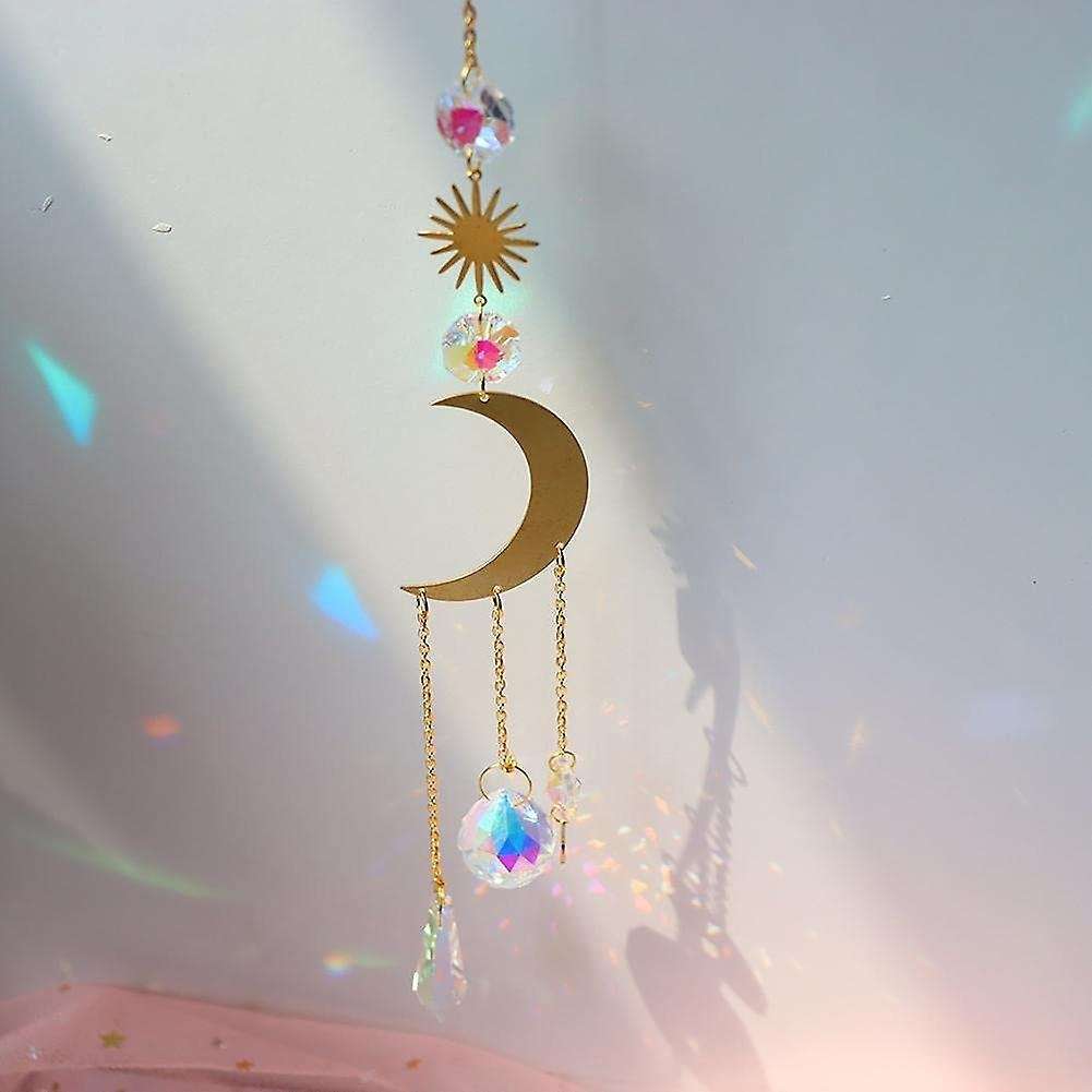 Set Of 4 Moon Sun Hoop Rainbow Crystal Pendant Indoor Decorative