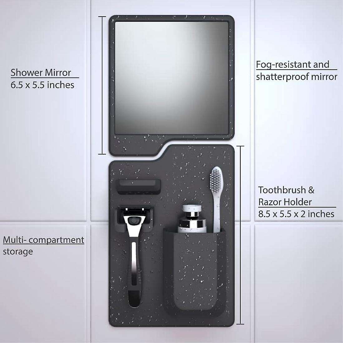 Shower Mirror & Organizer- Toothbrush Holder and Non-fogging Mirror