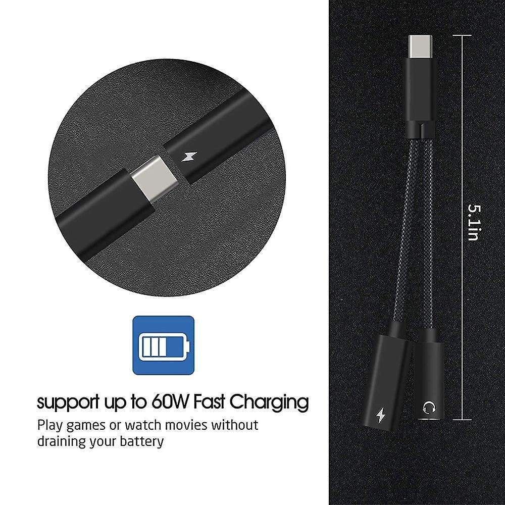 Type C to 3.5mm Headphone and Charger Adapter,2-in-1 Cable(black)