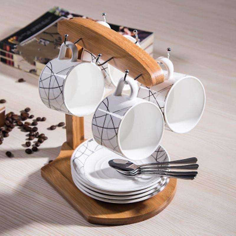 Bamboo Coffee Cup Holder Mug Rack Holds 6 Mugs for Coffee Mugs Saucer