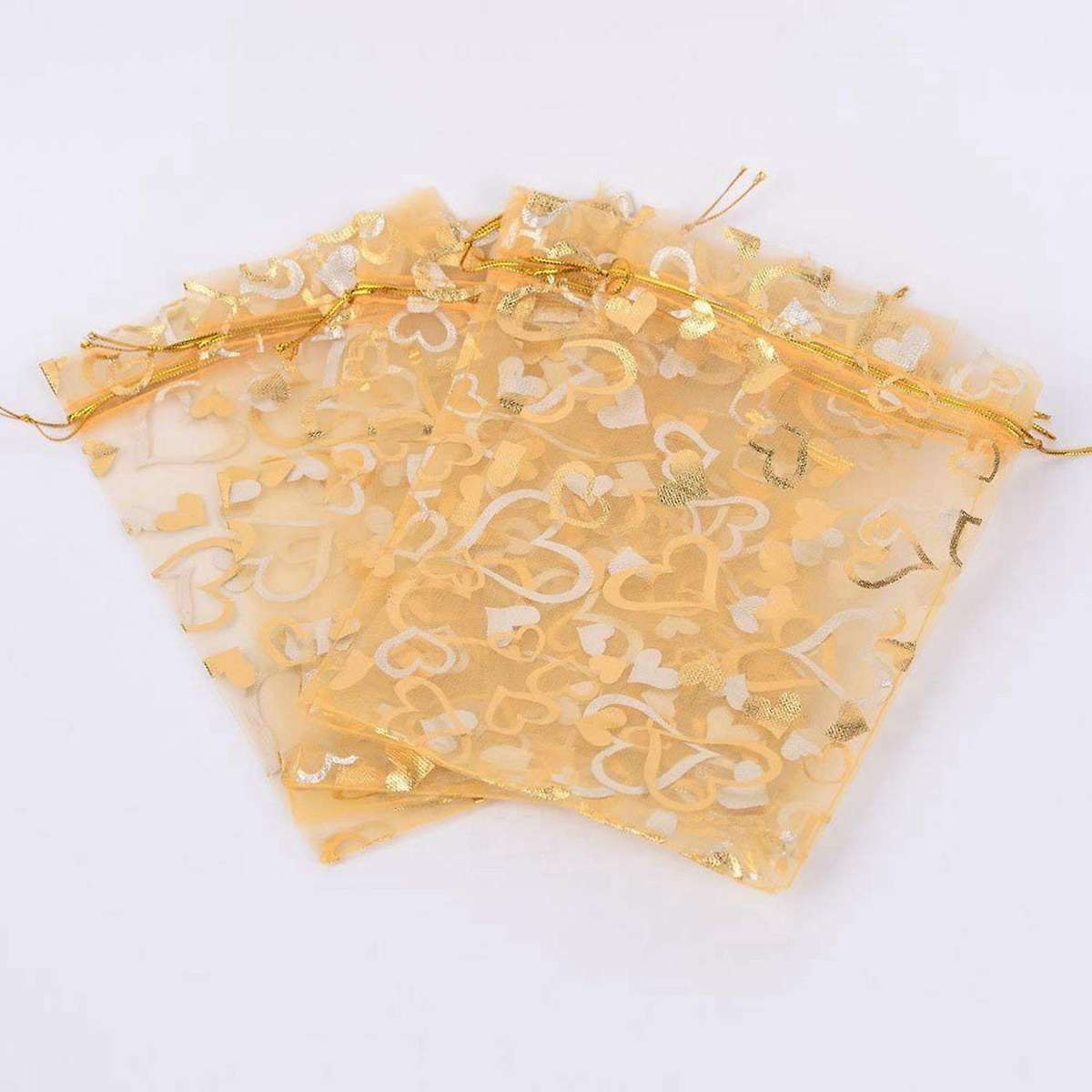 200pcs 9x12cm Sheer Drawstring Heart Organza Jewelry Gift Bags (gold)