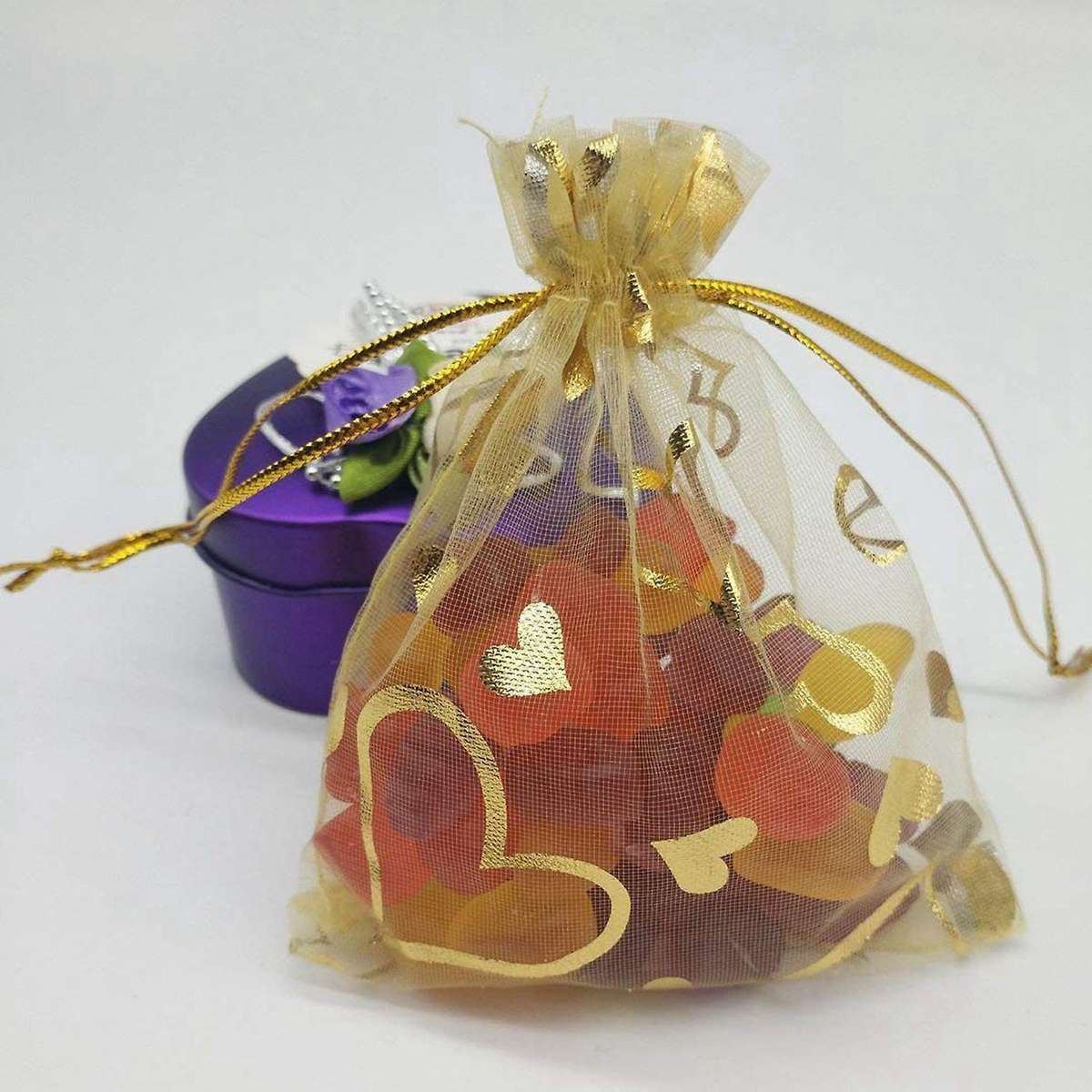 200pcs 9x12cm Sheer Drawstring Heart Organza Jewelry Gift Bags (gold)