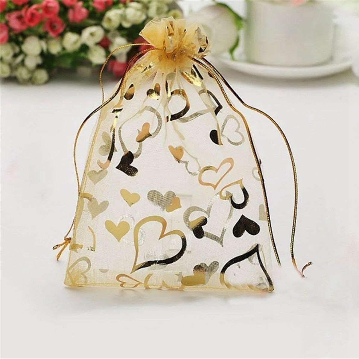 200pcs 9x12cm Sheer Drawstring Heart Organza Jewelry Gift Bags (gold)