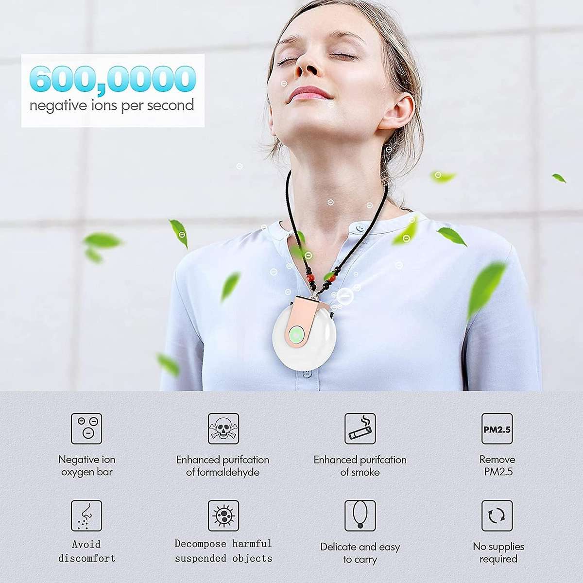 Mini Air Purifier Necklace for All Ages, Adults and Kids White+silver