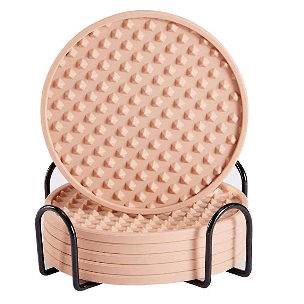 6pcs Silicone Coaster, Drink Coaster with Holder (pink)