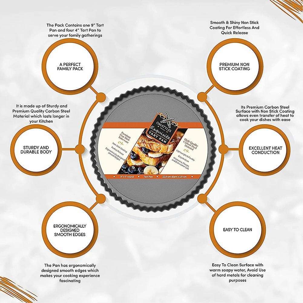 Set Of 5 Tart Pan - Includes 9 Inch Tart Pan & 4 Inch Mini Tart Pans