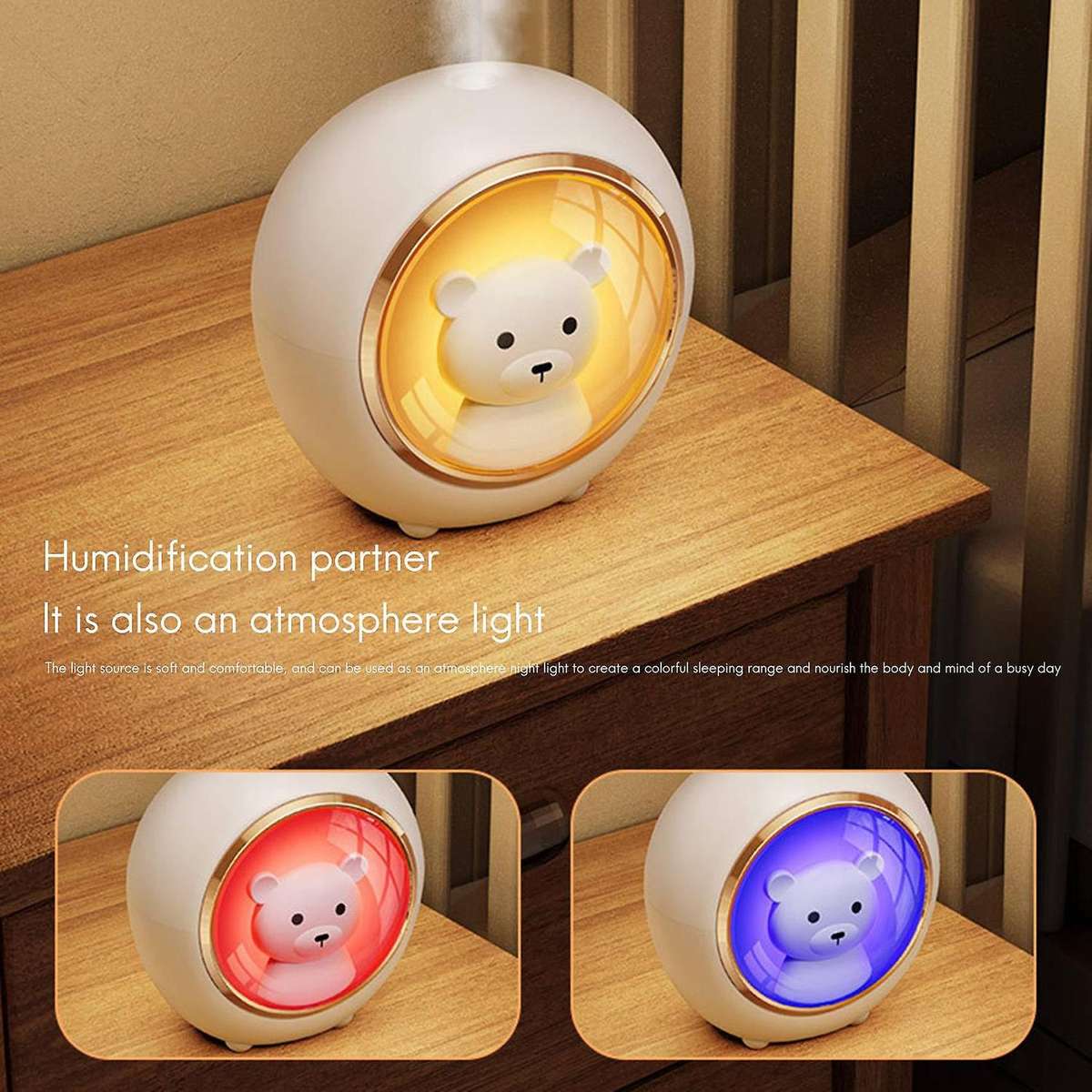 200ml Usb Humidifier Household Colorful Night Light Space Bear Pink