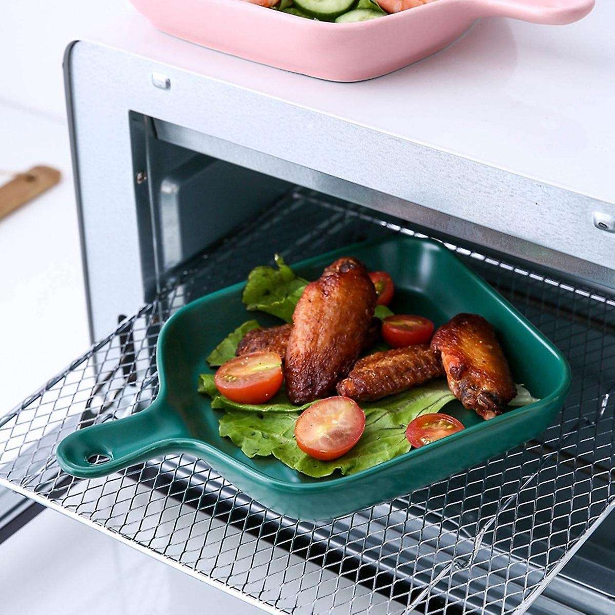 Ceramic Single Handle Bowl Color Glaze Bakeware Household Drak Green