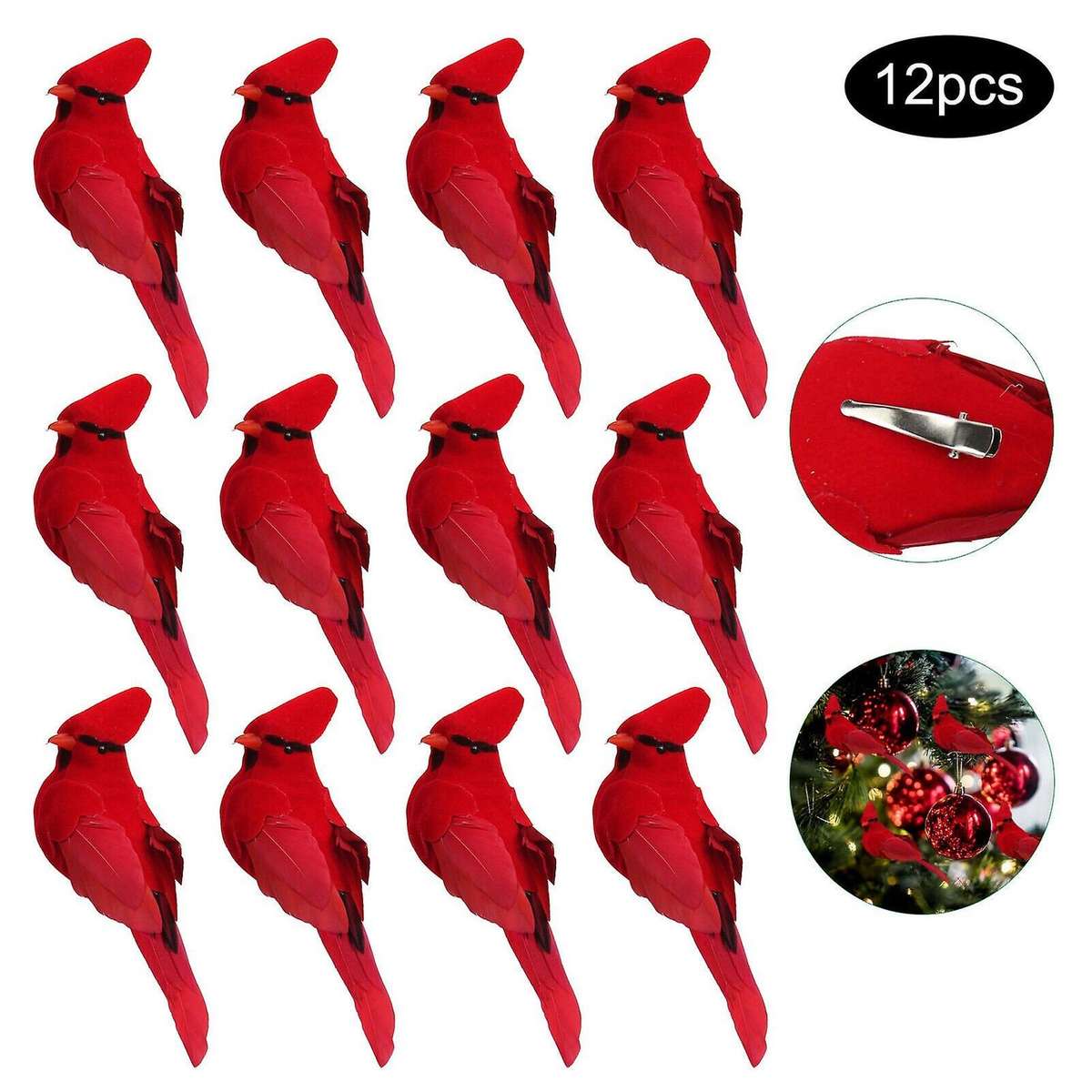 12pcs Clip-on Artificial Red Christmas Ornaments Feathered Bird Xmas