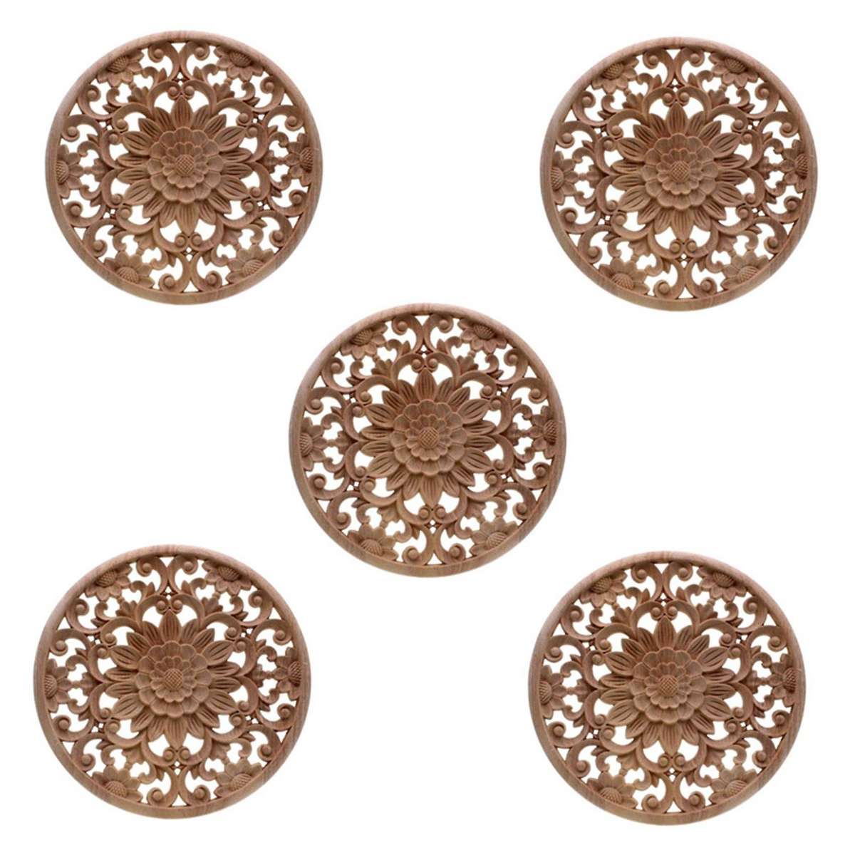 5x Carved Flower Carving Round Wood Appliques Figurine