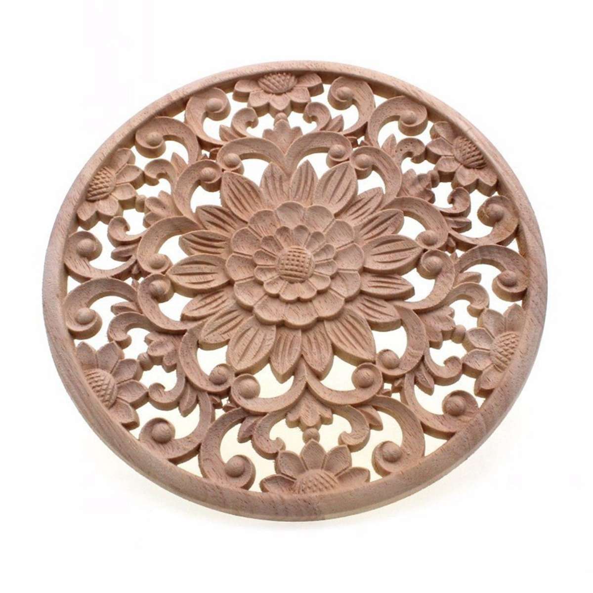 5x Carved Flower Carving Round Wood Appliques Figurine