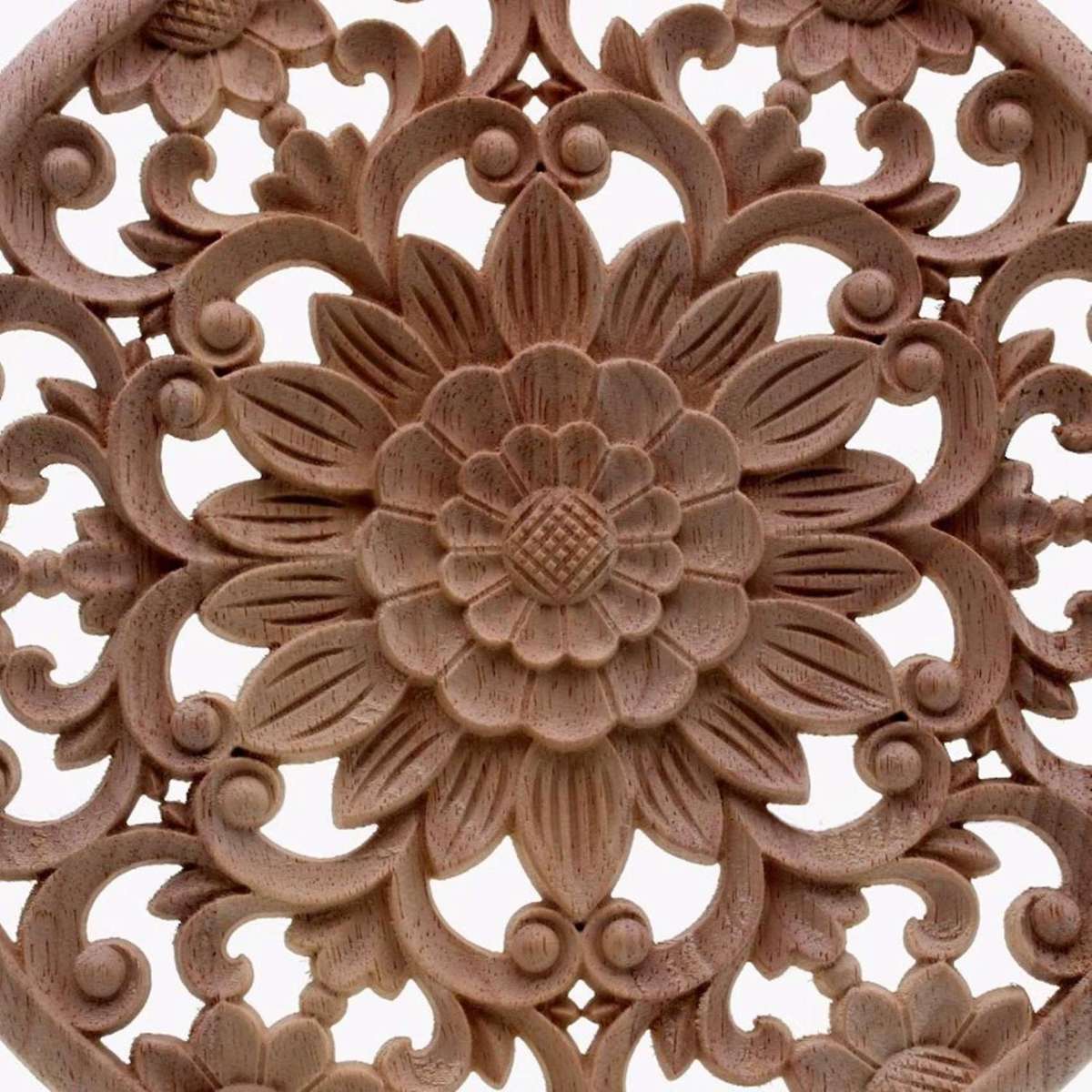 5x Carved Flower Carving Round Wood Appliques Figurine