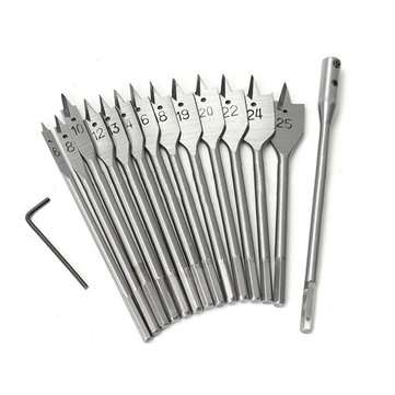 13pcs 6-25mm Wood Spade Flat Drill Bits with Extension Rod 1/4 Inch Hex Shank
