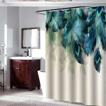 180X180CM Watercolor Decor Shower Curtain Peacock Feather Pattern Waterproof Polyester Fabric Bathro