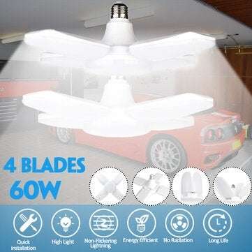 60W E27 LED Garage Light Bulb 4 Blades Deformable Home Ceiling Fixture Shop Lamp 95-265V
