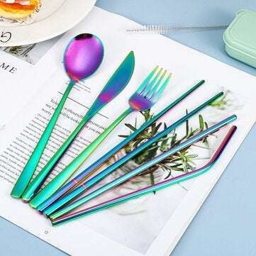 9Pcs Fork Spoon Knife Set Cutlery Stainless Steel Chopsticks Tableware Mental T... (COLOR: COLORFUL)
