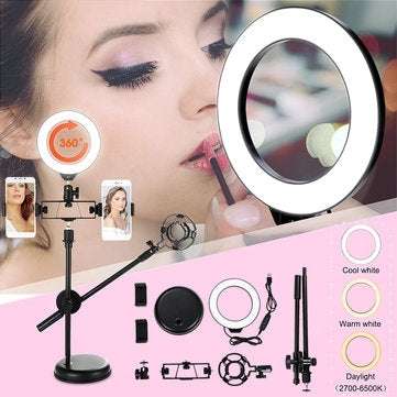 Dimmable LED Ring Light Kit+Light Stand 6500K Camera Photo Video Desktop Lamp