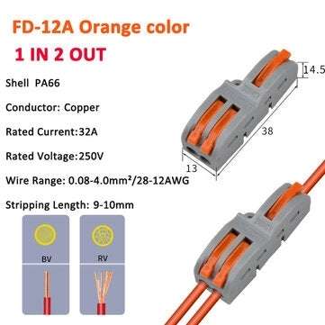 FD-12A/FD-12T Wire Connector 1 In 2 Out Wire Splitter Terminal Block Compact Wiri... (COLOR: ORANGE)