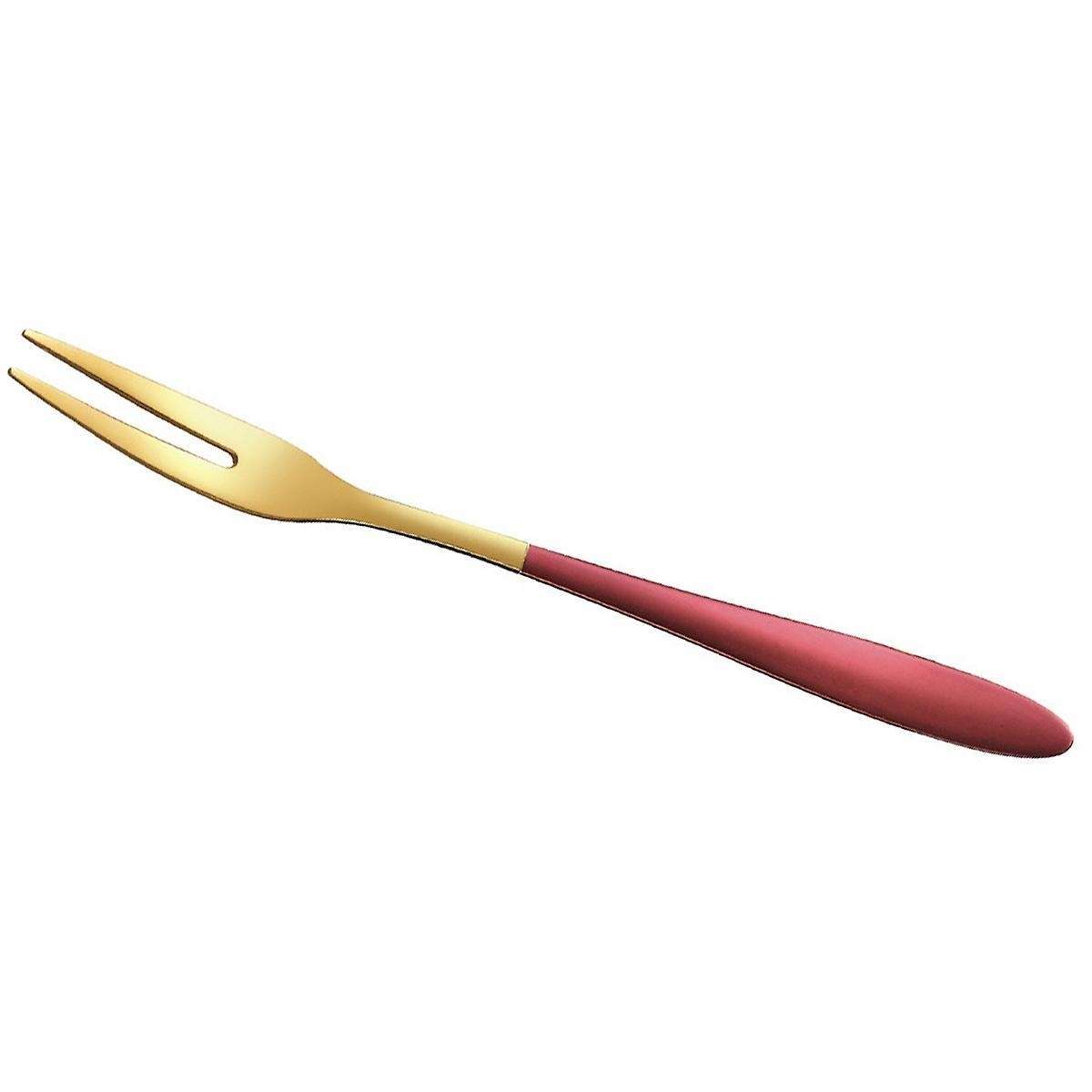 5pieces Of 5inch Stainless Steel Fruit Fork Two Tooth Fork Red Gold