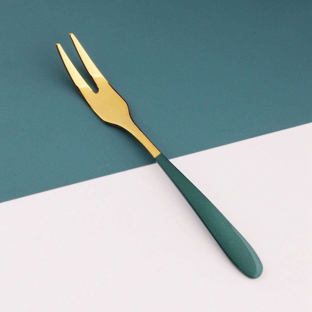 5pieces Of 5inch Stainless Steel Fruit Fork Two Tooth Fork Dark Green