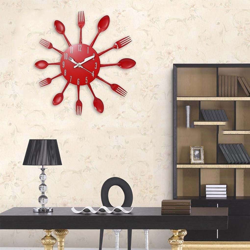 Noiseless Stainless Steel Knife and Fork Spoon Wall Clock Decor Red