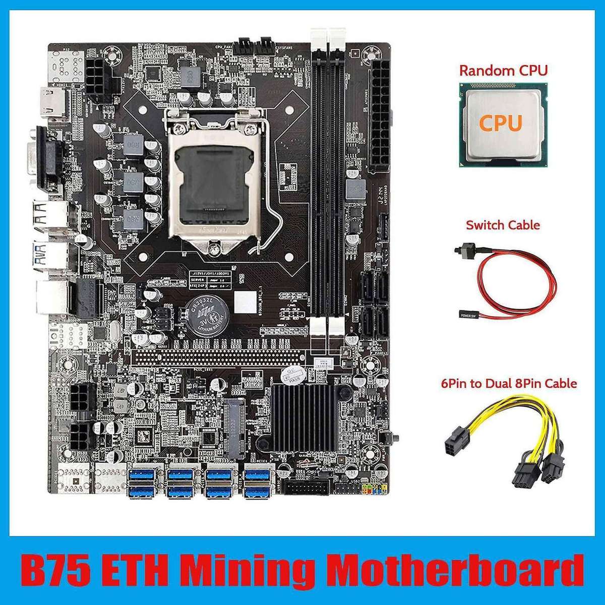 B75 Eth Mining Motherboard 8xpcie Usb Adapter+cpu+6pin to Dual 8pin