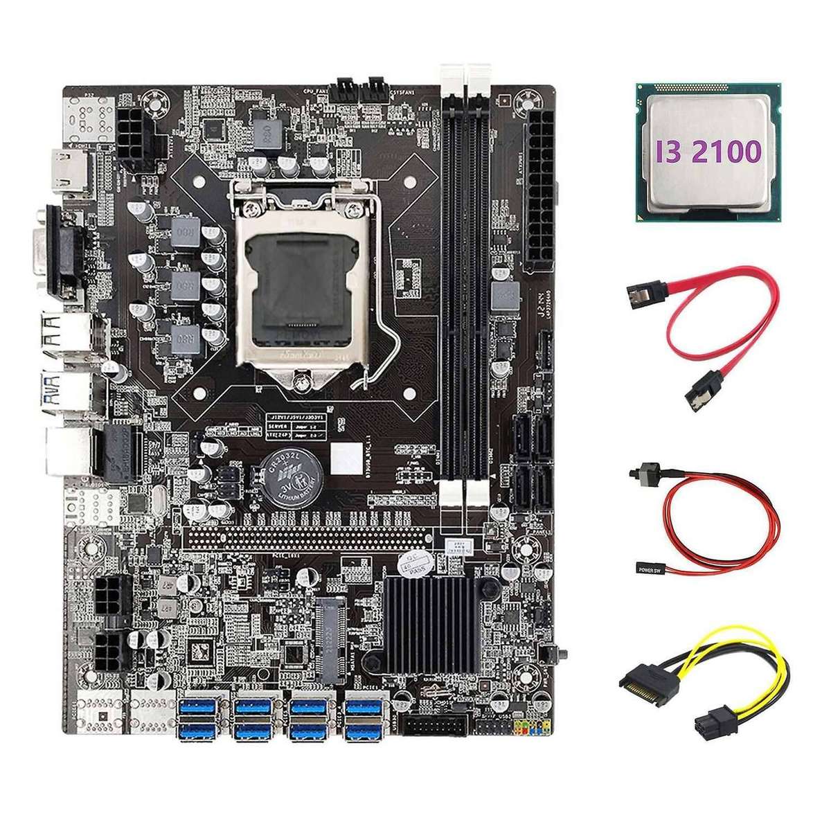 B75 Eth Miner Motherboard +i3 2100 Cpu+sata 15pin to 6pin Cable