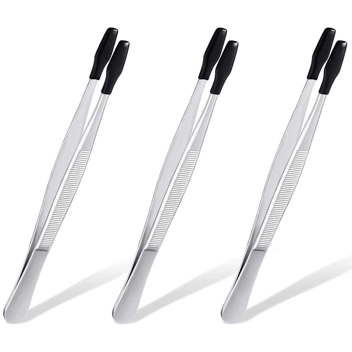 3pcs Stainless Steel Tweezers Flat Tips Coated Tweezers -black