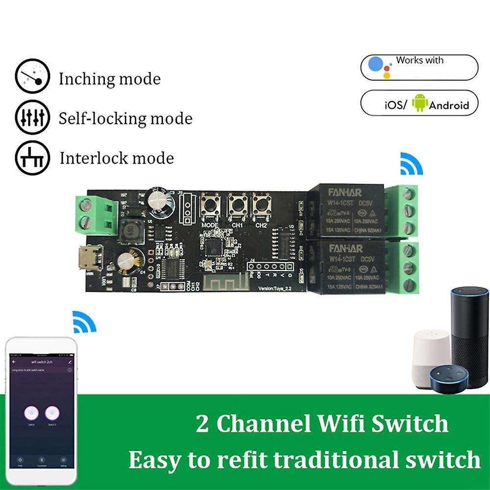 2Pcs 2CH Tuya APP Wifi Wireless DIY Smart Switch Module Smart Home Garage Universal Remote Relay for