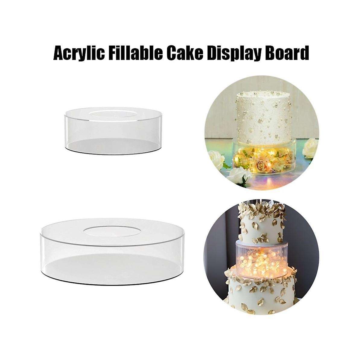 2Pcs Acrylic Fillable Cake Display Board Clear Round Fillable Cake Stand Display Box for Wedding Bi
