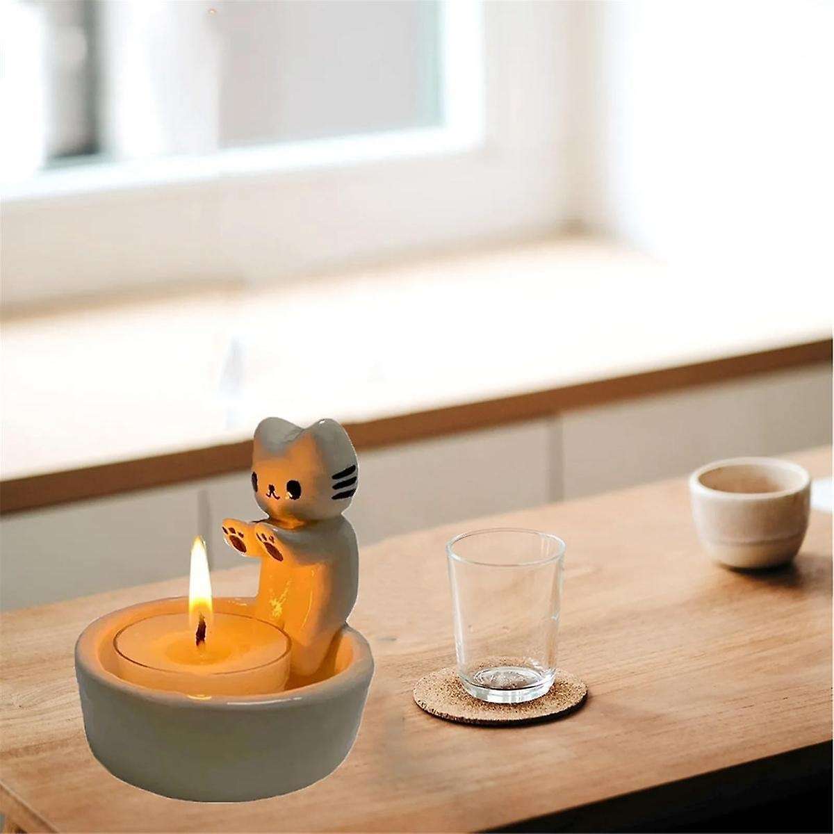 2PCS Cartoon Kitten Candle Holder, Cat Warming Its Paws Candle Holder,DIY Handmade Storage Box Holde
