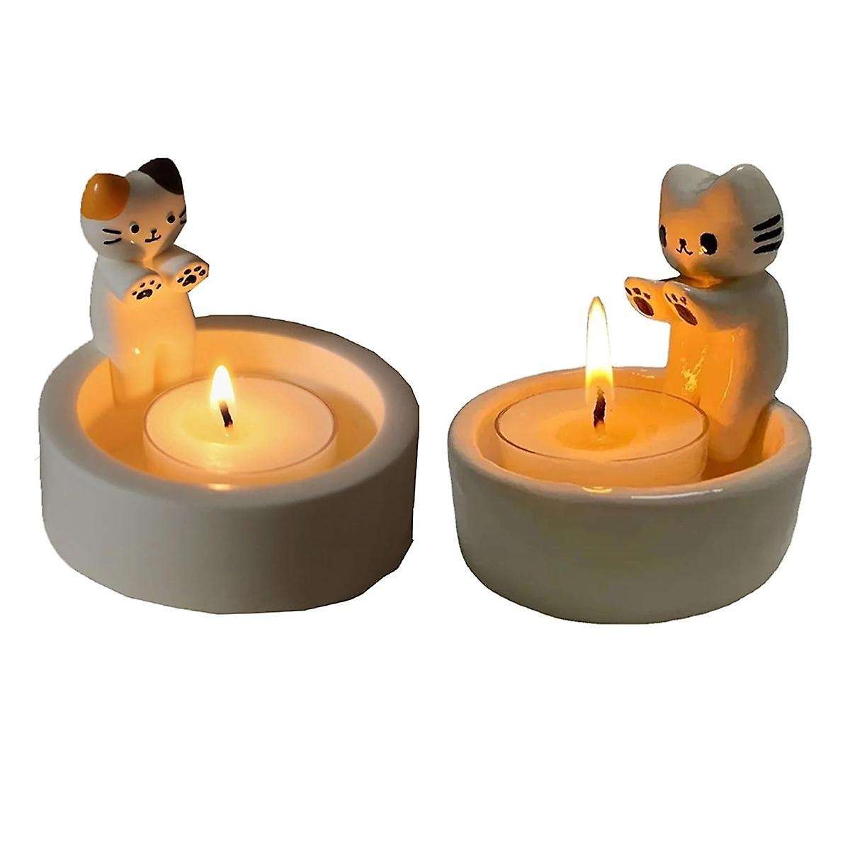 2PCS Cartoon Kitten Candle Holder, Cat Warming Its Paws Candle Holder,DIY Handmade Storage Box Holde