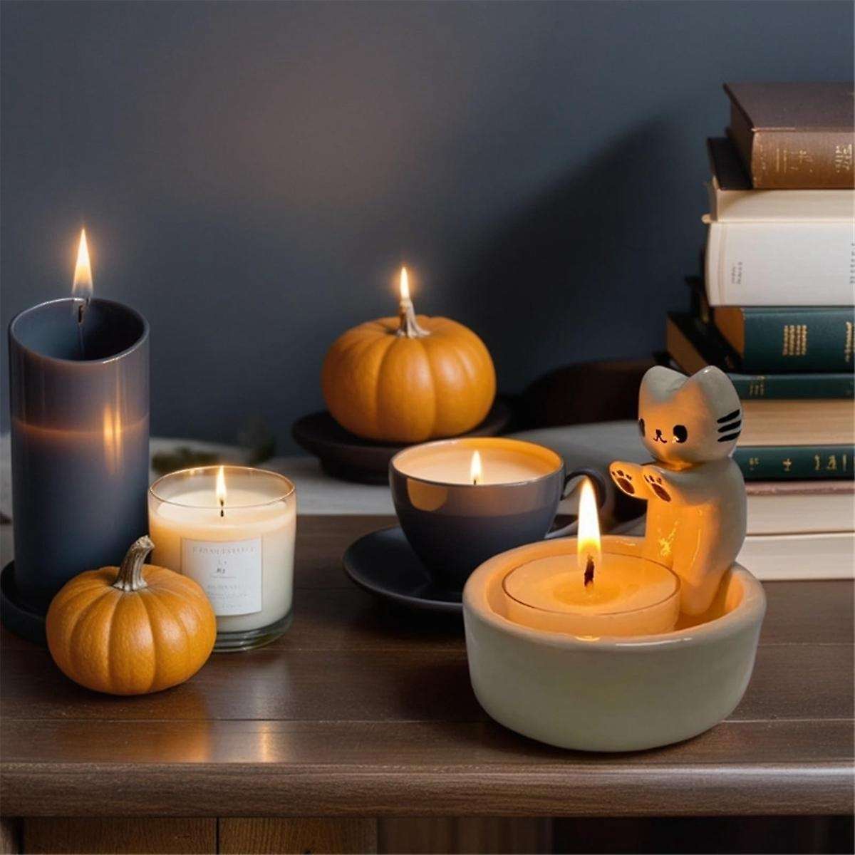 2PCS Cartoon Kitten Candle Holder, Cat Warming Its Paws Candle Holder,DIY Handmade Storage Box Holde