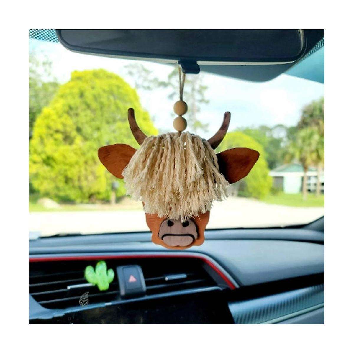 2pcs Cow Head Pendant Macrame Car Charm Horn Wooden Pendant Decorative Cattle Rear View Mirror Hangi