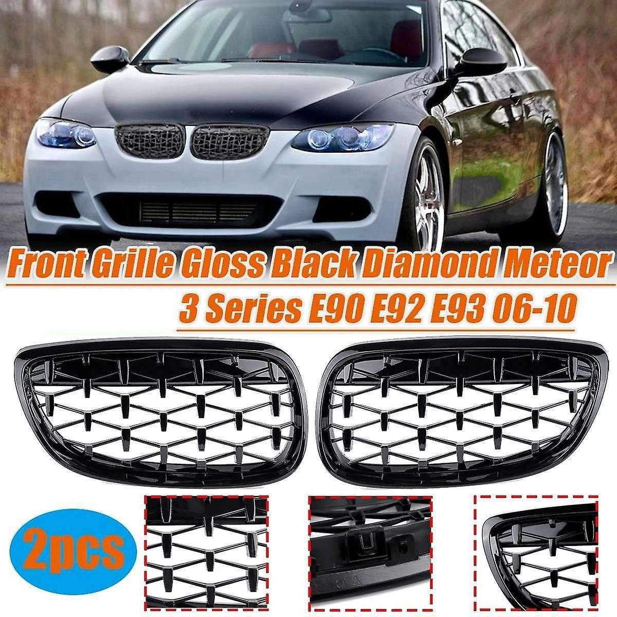 2X Car Front Bumper Hood Kidney Grille Diamond Meteor Racing Grill Glossy Black for - 3 Series E92 E