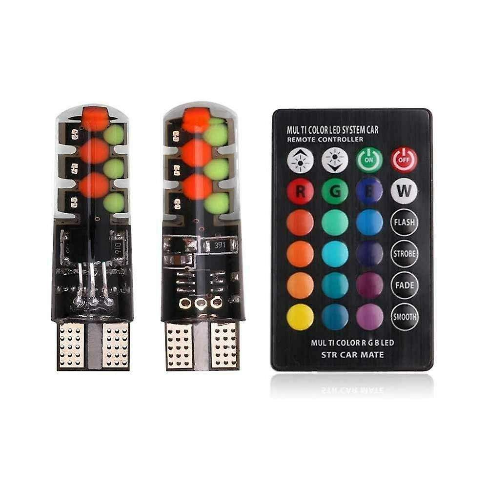 2X T10 5050 W5W 6 SMD Remote Control RGB LED Car Dome Reading Lights Lamp Bulb