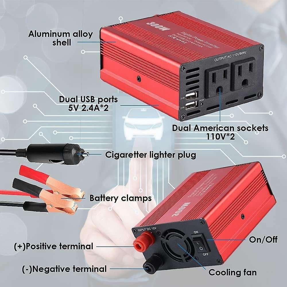 300W Inverter DC12V to AC110V Converter Splitter Double USB Fast Charging Car Inverter US Plug