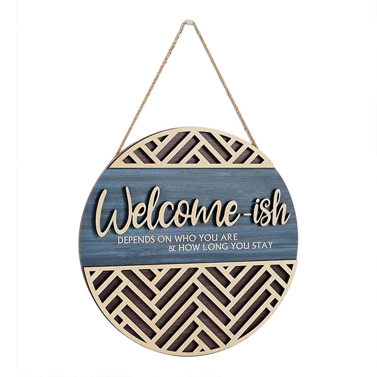 3d Welcome Hanging Sign Plaque for Front Door Wall Decor, Funny Welcome-ish Wooden Hanger, Rustic Mi