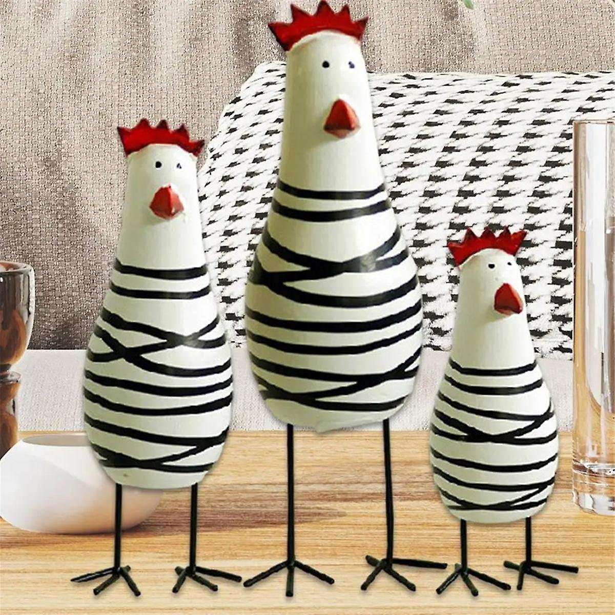 3Pcs Hand Painted Chicken Ornament Wood Chicken Figurine Rooster Gifts