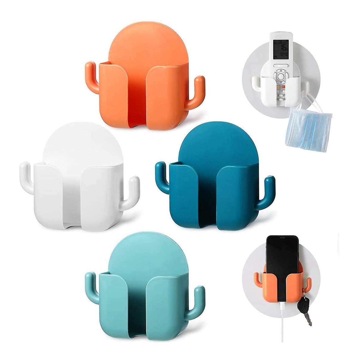 4 PCS Wall Mount Mobile Phone Plug Holder with Hooks for Bedside Wall Adhesive Cell Phone Charging B