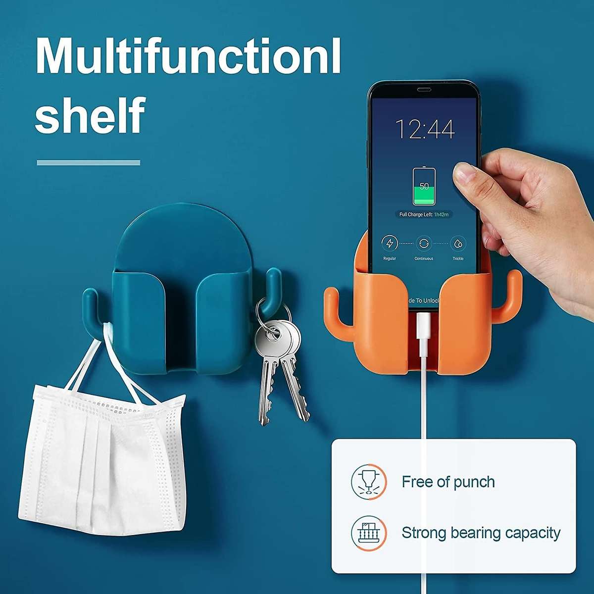 4 PCS Wall Mount Mobile Phone Plug Holder with Hooks for Bedside Wall Adhesive Cell Phone Charging B