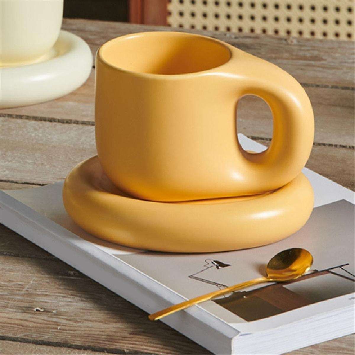 400ml Ceramic Mug Nordic Ins Fat Handle Breakfast Coffee Milk Water Cup with Tray Drinkware Couple I