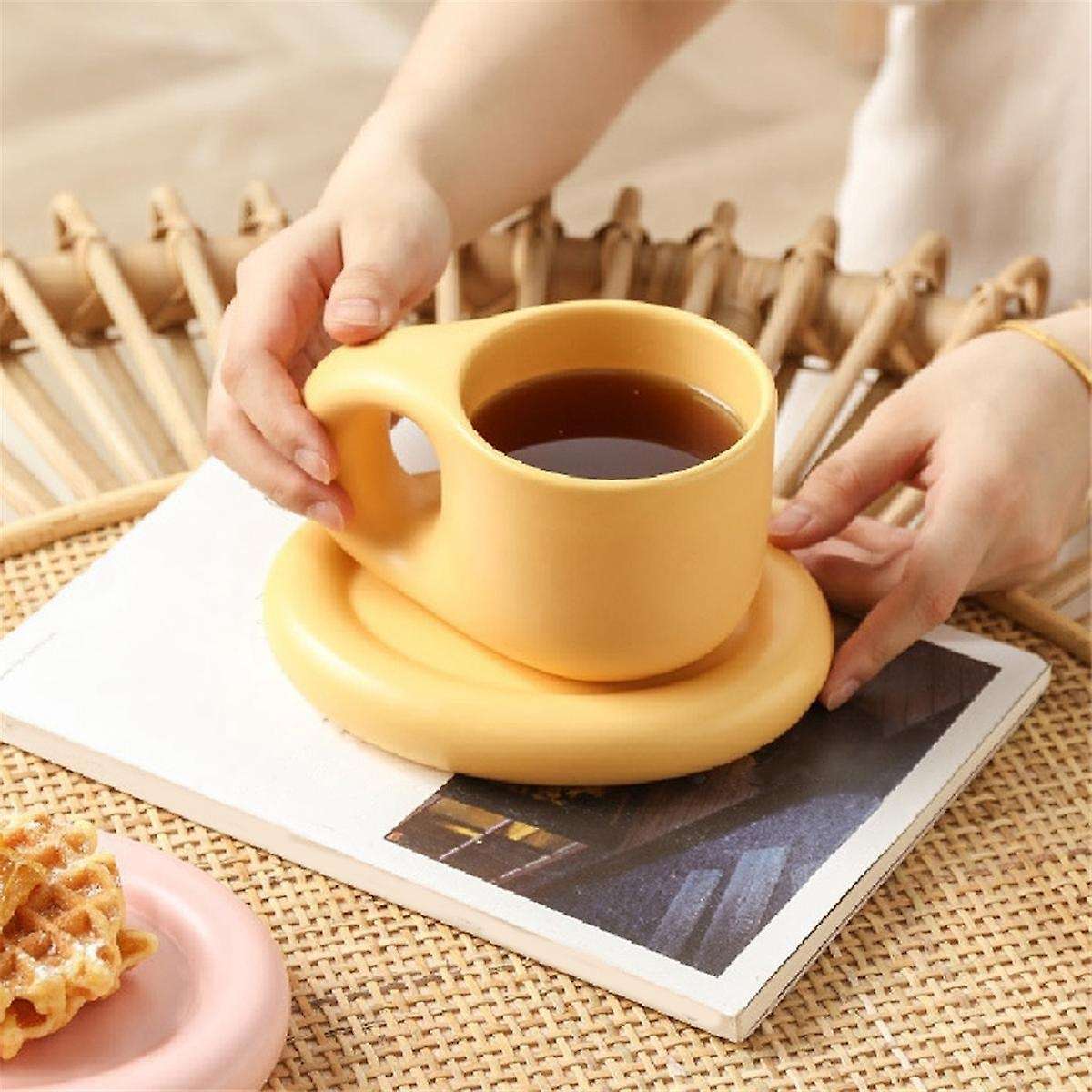 400ml Ceramic Mug Nordic Ins Fat Handle Breakfast Coffee Milk Water Cup with Tray Drinkware Couple I