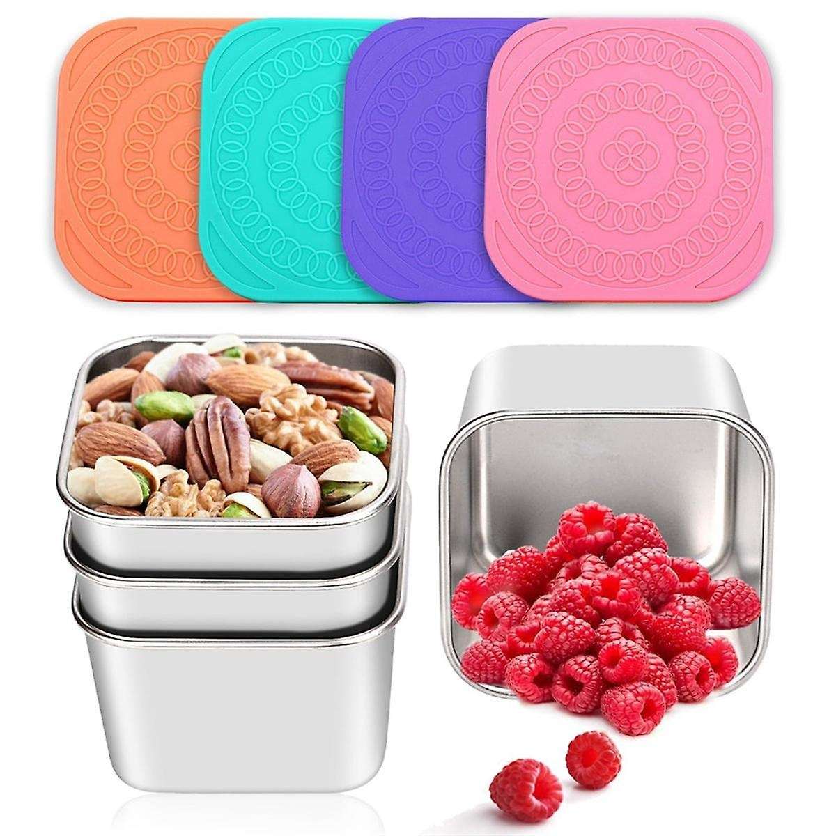 4pack Stainless Steel Snack Containers for Kids, Leak-proof Metal Food Storage Containers Stackable