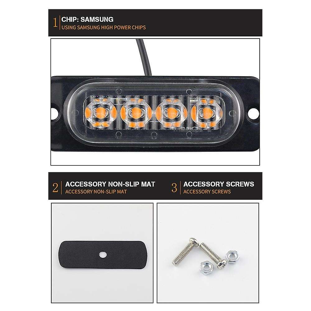 4PCS 4 LED Car Truck Emergency Beacon Warning Flash Strobe Light Bar Amber 12V